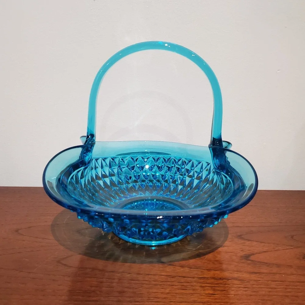 Vintage Tiara Exclusives Horizon Blue Diamond Point Glass Basket Centerpiece 70s